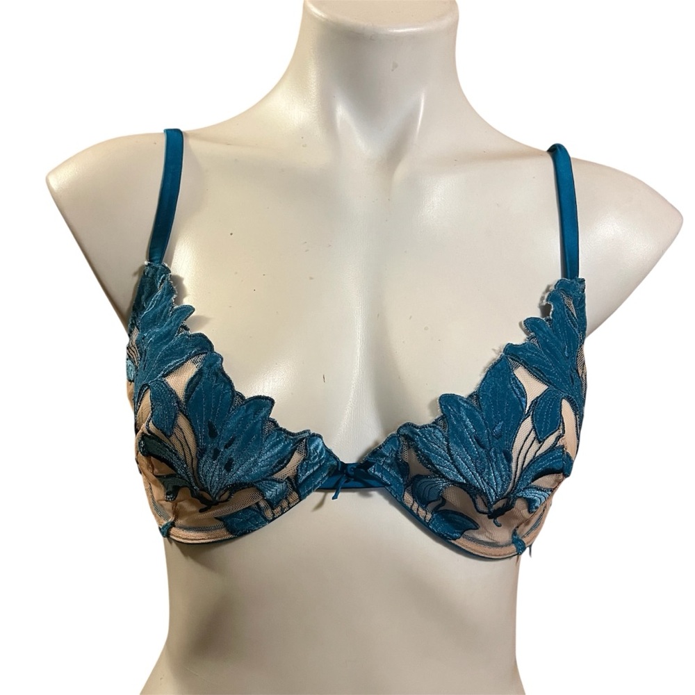 Fleur du Mal Teal and Nude Velvet Lace Bra